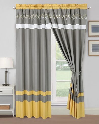 Chezmoi Collection Arden 4-Piece Modern Navy/Gray/Yellow Zigzag Stripe Embroidery Window Curtain Panel Set with Sheer Backing Valance Tassels, 120 inch x 84 inch in Kuwait