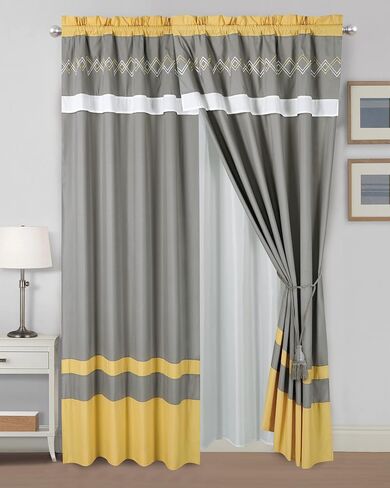 Chezmoi Collection Arden 4-Piece Modern Navy/Gray/Yellow Zigzag Stripe Embroidery Window Curtain Panel Set with Sheer Backing Valance Tassels, 120 inch x 84 inch in Kuwait