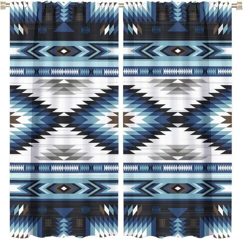 Aztec Blackout Windows Curtains, Vintage Native Western Ethnic Tribal Navajo Blue Abstract Geometric Brown Pattern, for Living Room Bedroom 42x45in 2 Panels in Saudi Arabia