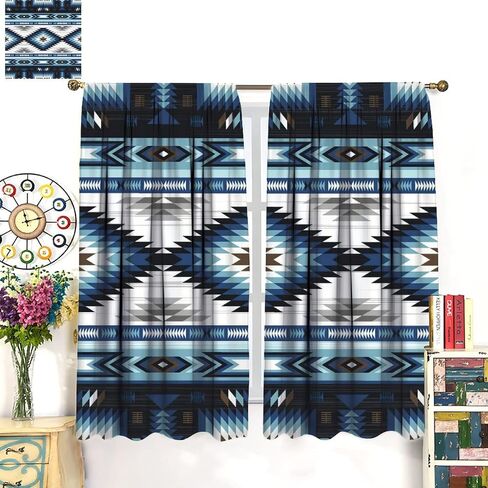 Aztec Blackout Windows Curtains, Vintage Native Western Ethnic Tribal Navajo Blue Abstract Geometric Brown Pattern, for Living Room Bedroom 42x45in 2 Panels in Saudi Arabia