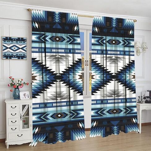 Aztec Blackout Windows Curtains, Vintage Native Western Ethnic Tribal Navajo Blue Abstract Geometric Brown Pattern, for Living Room Bedroom 42x45in 2 Panels in Saudi Arabia
