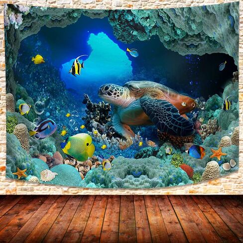 UHOMETAP Sea Turtle Tapestry, Underwater Ocean Animals Marine Life Tapestry Colorful Fish Ocean World Coral Starfish Tapestry Wall Decor for Kids Bedroom, 93x71 Inches GTQQUH1006 in Saudi Arabia