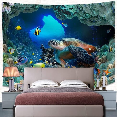 UHOMETAP Sea Turtle Tapestry, Underwater Ocean Animals Marine Life Tapestry Colorful Fish Ocean World Coral Starfish Tapestry Wall Decor for Kids Bedroom, 93x71 Inches GTQQUH1006 in Saudi Arabia