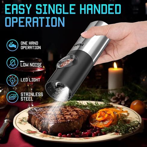 Electric Salt and Pepper Grinder Mill Set Refillable, Automatic Operated Spice Peppercorn Shaker, Battery Powered with Led Light, Stainless Steel Outside and Ceramic Core, Adjustable Coarseness. in Saudi Arabia