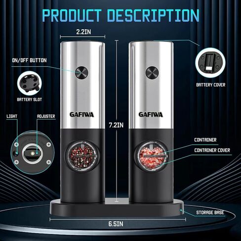 Electric Salt and Pepper Grinder Mill Set Refillable, Automatic Operated Spice Peppercorn Shaker, Battery Powered with Led Light, Stainless Steel Outside and Ceramic Core, Adjustable Coarseness. in Saudi Arabia