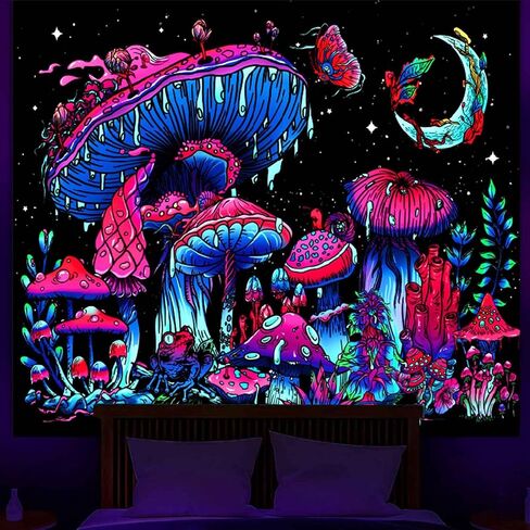 Algasan Blacklight الفطر نسيج نسيج الضوء الأسود يتوهج في الظلام الأشعة فوق البنفسجية نبات رد الفعل فراشة القمر نجوم الضفدع المفروشات الجدار شنقا لغرفة النوم النوم خلفية ديكور (60 بوصة × 50 بوصة) in Kuwait