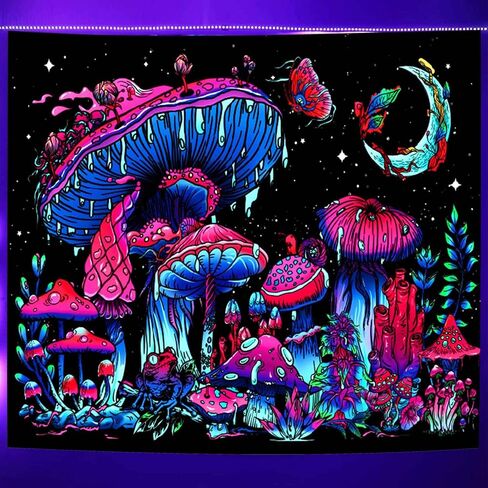 Algasan Blacklight الفطر نسيج نسيج الضوء الأسود يتوهج في الظلام الأشعة فوق البنفسجية نبات رد الفعل فراشة القمر نجوم الضفدع المفروشات الجدار شنقا لغرفة النوم النوم خلفية ديكور (60 بوصة × 50 بوصة) in Kuwait