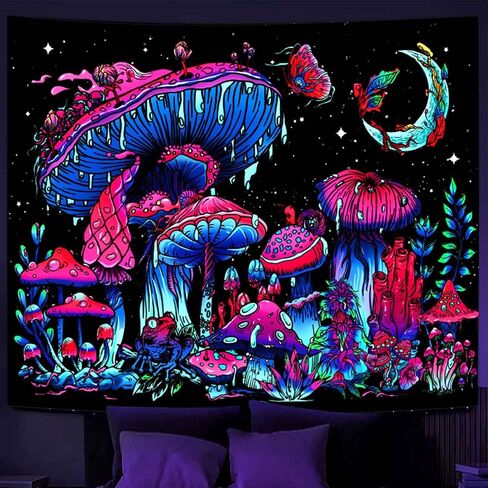 Algasan Blacklight الفطر نسيج نسيج الضوء الأسود يتوهج في الظلام الأشعة فوق البنفسجية نبات رد الفعل فراشة القمر نجوم الضفدع المفروشات الجدار شنقا لغرفة النوم النوم خلفية ديكور (60 بوصة × 50 بوصة) in Kuwait