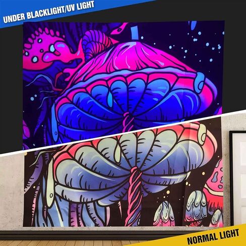 Algasan Blacklight الفطر نسيج نسيج الضوء الأسود يتوهج في الظلام الأشعة فوق البنفسجية نبات رد الفعل فراشة القمر نجوم الضفدع المفروشات الجدار شنقا لغرفة النوم النوم خلفية ديكور (60 بوصة × 50 بوصة) in Kuwait