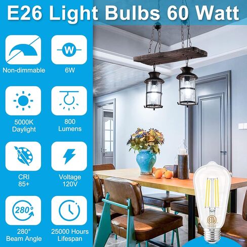 Sailstar E26 LED Bulb 60 Watt Equivalent, Light Bulbs 60 Watt Soft White 3000K, 800LM Edison Bulbs 60 Watt LED, LED Edison Bulb for Dining Bathroom Vanity, 120V, CRI85+, 6W, Non-dimmable, 6 Pack in Saudi Arabia