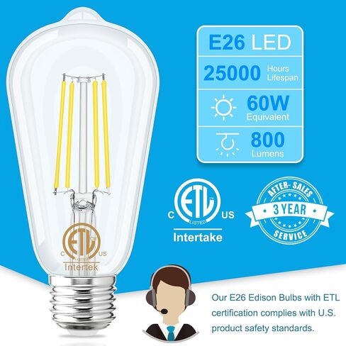 Sailstar E26 LED Bulb 60 Watt Equivalent, Light Bulbs 60 Watt Soft White 3000K, 800LM Edison Bulbs 60 Watt LED, LED Edison Bulb for Dining Bathroom Vanity, 120V, CRI85+, 6W, Non-dimmable, 6 Pack in Saudi Arabia