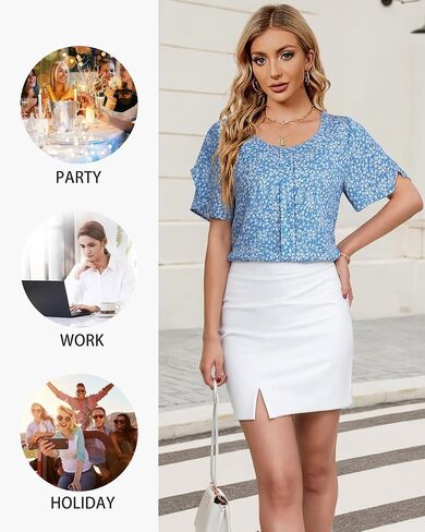 Chiffon Blouses for Women Business Casual Petal Short Sleeve Office Work Tops Dress Tunic Shirts in Saudi Arabia