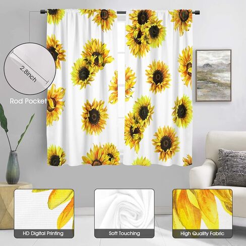 ستارة نافذة عباد الشمس باللون الأصفر والأبيض زهرة الأزهار أسود رمادي رمادي الخردل الصيف خمر ريفي البلد الرجعية 42 "ث × 63" ل الستائر لغرفة النوم غرفة المعيشة 2 لوحات قضيب جيب الستائر in Kuwait