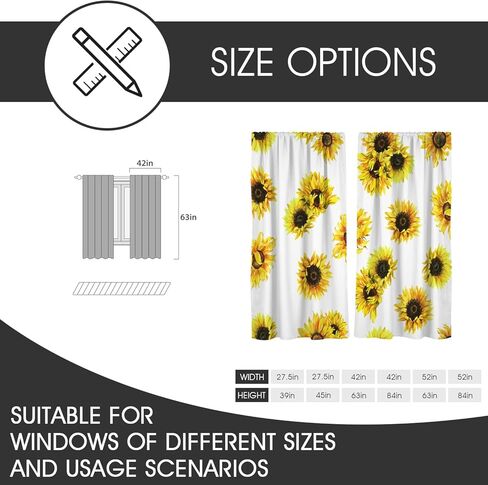 ستارة نافذة عباد الشمس باللون الأصفر والأبيض زهرة الأزهار أسود رمادي رمادي الخردل الصيف خمر ريفي البلد الرجعية 42 "ث × 63" ل الستائر لغرفة النوم غرفة المعيشة 2 لوحات قضيب جيب الستائر in Kuwait