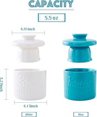 وعاء زبدة مع غطاء، حافظة زبدة سيراميك 5.5 أونصة للزبدة القابلة للدهن، طبق زبدة فرنسية مع خط مياه لعداد المطبخ (أبيض) in Kuwait