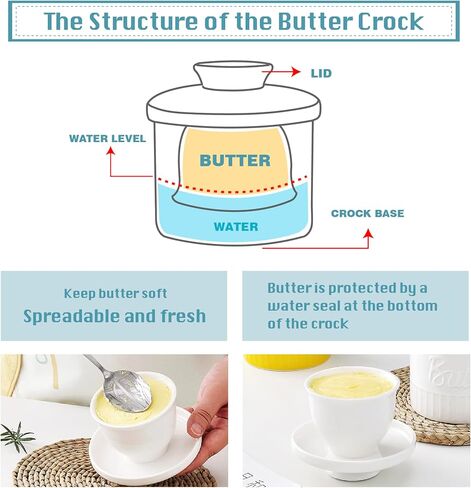 وعاء زبدة مع غطاء، حافظة زبدة سيراميك 5.5 أونصة للزبدة القابلة للدهن، طبق زبدة فرنسية مع خط مياه لعداد المطبخ (أبيض) in Kuwait