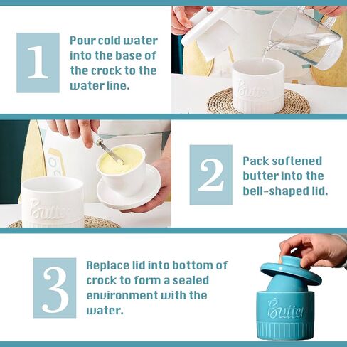 وعاء زبدة مع غطاء، حافظة زبدة سيراميك 5.5 أونصة للزبدة القابلة للدهن، طبق زبدة فرنسية مع خط مياه لعداد المطبخ (أبيض) in Kuwait