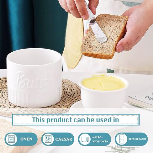 وعاء زبدة مع غطاء، حافظة زبدة سيراميك 5.5 أونصة للزبدة القابلة للدهن، طبق زبدة فرنسية مع خط مياه لعداد المطبخ (أبيض) in Kuwait