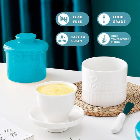 وعاء زبدة مع غطاء، حافظة زبدة سيراميك 5.5 أونصة للزبدة القابلة للدهن، طبق زبدة فرنسية مع خط مياه لعداد المطبخ (أبيض) in Kuwait