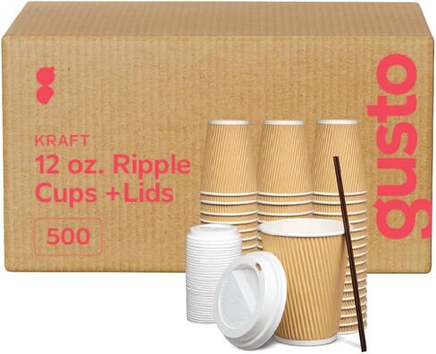 GUSTO [12 oz. - 100 Count Insulated Kraft Ripple Paper Hot Cups, Disposable Coffee Cups With Lids - Ideal for Hot Beverages, Travel, and Office Use (Formerly Comfy Package) in Saudi Arabia