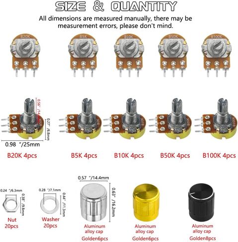 WMYCONGCONG 80 PCS B5K B10K B20K B50K B100K Ohm Knurled Shaft Linear Rotary Taper Potentiometer with Cap Kit in Saudi Arabia