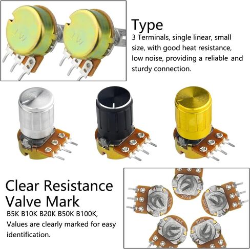 WMYCONGCONG 80 PCS B5K B10K B20K B50K B100K Ohm Knurled Shaft Linear Rotary Taper Potentiometer with Cap Kit in Saudi Arabia