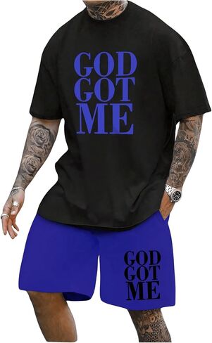 GORGLITTER Men's 2 Piece Slogan Graphic Outfit Short Sleeve Tee Drawstring Waist Shorts Set in Saudi Arabia