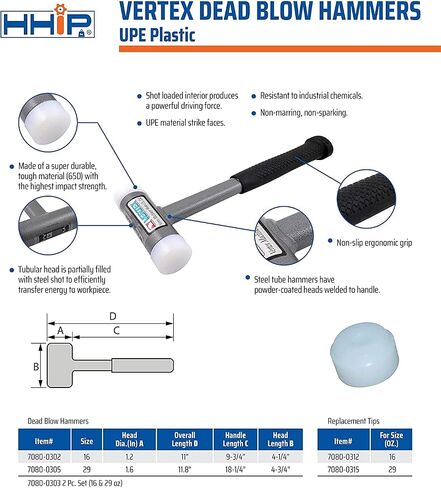 HHIP Pro Series 7080-0302 Vertex Dead Blow Hammer, Deadblow Mallet w/UPE Plastic Face, 1.2" Diameter Steel Shot Head, Non-Marring, 16 oz in Saudi Arabia