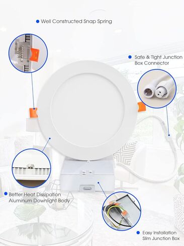 Energetic 6 Pack 6 Inch 5CCT Ultra-Thin LED Recessed Ceiling Light with Junction Box, 2700K/3000K/4000K/5000K/6500K Selectable, 12W 120W Eqv, 900LM, Dimmable Canless Wafer Downlight, IC Rated, ETL&FCC in Kuwait