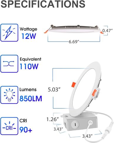 Energetic 6 Pack 6 Inch 5CCT Ultra-Thin LED Recessed Ceiling Light with Junction Box, 2700K/3000K/4000K/5000K/6500K Selectable, 12W 120W Eqv, 900LM, Dimmable Canless Wafer Downlight, IC Rated, ETL&FCC in Kuwait