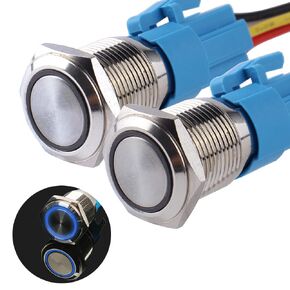 2Pcs 22mm 0.87'' Latching Push Button Switch 12V-24V Waterproof LED On Off Metal Self-Locking Switch 1 NO 1 NC for 7/8'' Mounting Hole with Wire Socket Plug(Red)