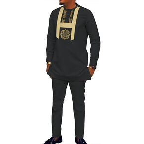 African Clothes for Men Long Sleeve Dashiki Outfits 2 Piece Set African Shirts and Pant Embroidered Mens Clothing