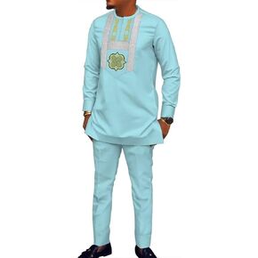 African Clothes for Men Long Sleeve Dashiki Outfits 2 Piece Set African Shirts and Pant Embroidered Mens Clothing