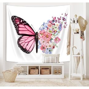 Blue White Butterfly Tapestry Wall Hanging, Full Bloom Floral Retro Butterflies Tapestries, Flowers Aesthetic Tapestry Wall Art for Girls Bedroom Dorm Abstract Home Room Wall Decor