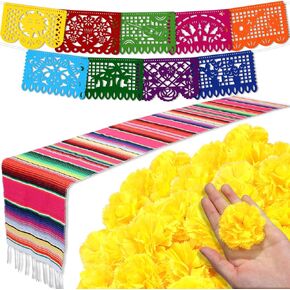 50 Pcs Marigold Flower Heads Bulk Day of the Dead Decor Altar De Ofrendas Dia de Muertos Decoration 9 Pcs Mexican Papel Picado 1 Pcs Mexican Table Runner Supplies (Orange, Rose Red)