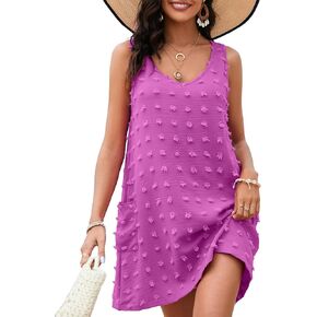 OmicGot Women's Beach Cover Up Casual Summer Dresses Swiss Polka Dot V Neck Tank Dress with Pockets S-XL