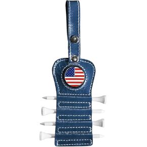 Golf Tee Holder with USA Ball Marker 4 Pcs White Wood Tees, Portable Hold Different Tee Leather Gift Hook Hanging Clip to Golf Bag Belt