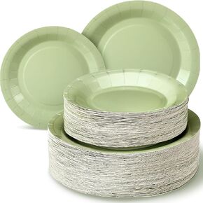 100 Pcs Sage Green Disposable Plates Green Paper Plates Disposable Dessert Plates Bulk 7 Inch 9 Inch Disposable Paper Plates Set Decoration for Wedding Engagement Bridal Shower