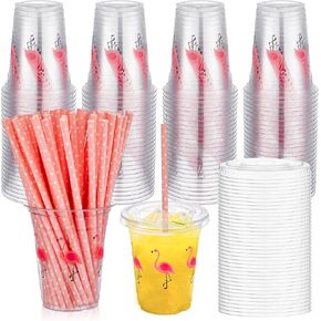 100 Set 12 oz Flamingo Plastic Cups with Lids and Straw Plastic Coffee Cups with Lids Transparent Disposable Cups for Juice Water Coffee Tea Birthday Party (Pink)