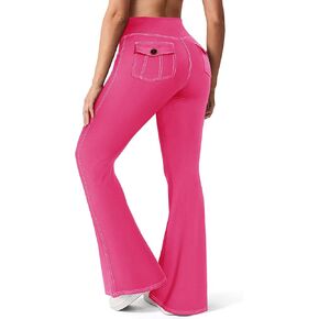 SEASUM Cargo Yoga Flare Leggings for Women with Flap Pockets Workout Contrast Stitching Bootcut Yoga Pants Imitation Jeans