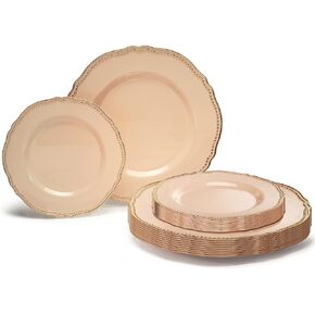 " OCCASIONS " 50 Plates Pack (25 Guests)-Heavyweight Wedding Party Disposable Plastic Plate Set -25 x 10.25'' Dinner + 25 x 7.5'' Salad/dessert plates (Rochelle Ivory and Gold)