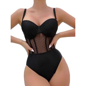 WDIRARA Women's Contrast Mesh See Though Backless One Piece Swimsuit Spaghetti Strap Sleeveless Swimwear Bathing Suit