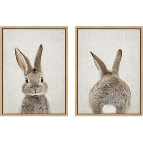 Kate and Laurel Sylvie Bunny Portrait on Linen and Bunny Tail on Linen Framed Canvas Wall Art by Amy Peterson Art Studio, 2 Piece 18x24 Gold, Decorative Animal Art for Wall in Saudi Arabia