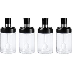 Kitchen Glass Spice Jars Seasonning Box Set of 4, Condiment Pots Spice Jars with Spoons, Oil Bottle Honey Jar Dispenser, Airtight Cap Transparent (8.45oz)