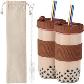 2 Pack Reusable Boba Cup,24Oz Wide Mouth Smoothie Cup,mason Jar Glass Cups with Lids and Straws,Bubble/Boba Tea Cups,Ice Coffee Tumbler 2 colored straws 1 sponge brush(Black)