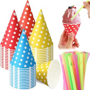 Eaasty 200 Pcs Snow Cone Cups and Straws Cone Cups 4.5 oz Spoon Straws Disposable Cone Paper Cups Straw Spoon for Slush Shaved Ice Cream Sorbet Water (Colorful)