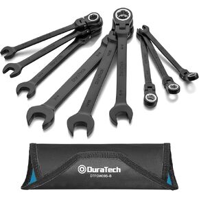 DURATECH 9-Piece Flex-Head Ratcheting Wrench Set, Combination Wrench Set, 72 Tooth, Metric, 8, 10, 11, 12, 13, 14, 15, 16, 17mm, Black Electrophoretic Coating, CR-V Steel, with Rolling Pouch