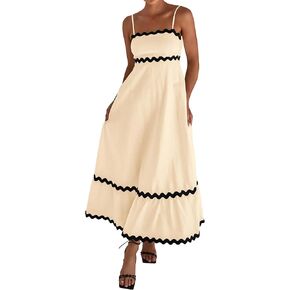 KIRUNDO Womens Summer Dresses Boho Sleeveless Spaghetti Strap Smocked Rickrack Trim Flowy Beach Vacation Midi Sundress