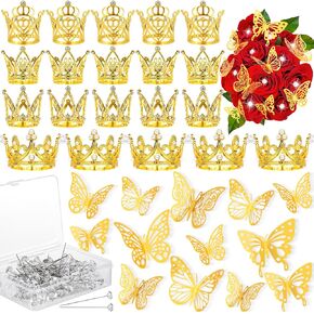 168Pcs Flower Bouquet Accessories, 20Pcs Crowns for Flower Bouquets with 48Pcs 3D Gold Butterfly Decor and 100Pcs Corsages Pins for Flower Supplies, Birthday Wedding Baby Shower Party Decoration