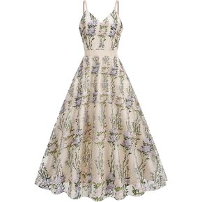 Women's Mesh Floral Embroidery Dress Lace Elegant V Neck Maxi Dress Long Formal Evening Party Tulle Prom Dress
